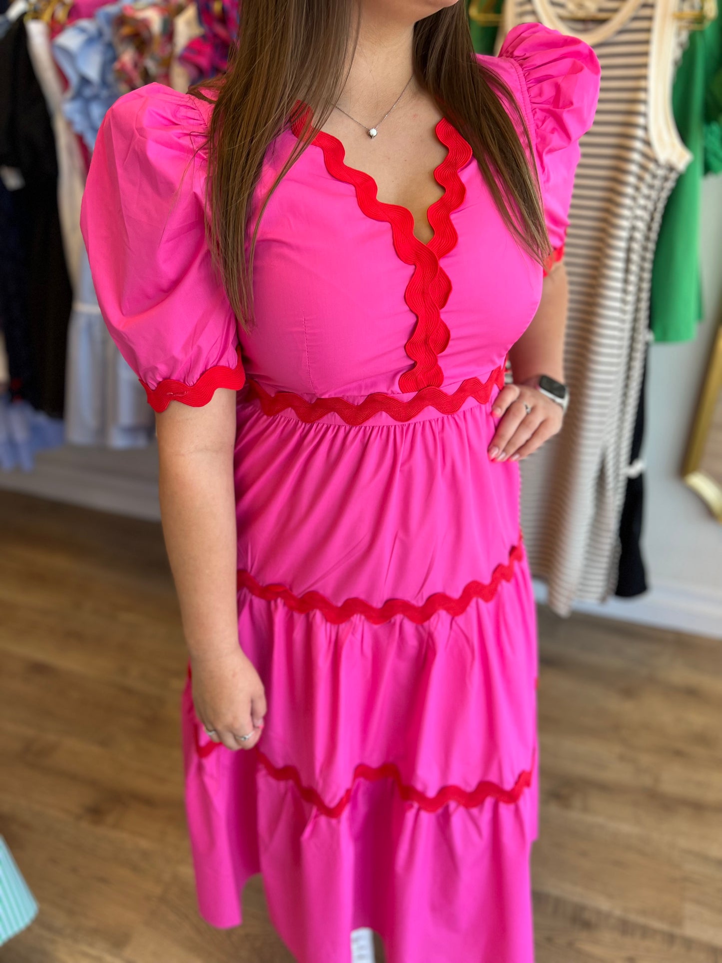 "Star of the Show" Red and Pink Ric Rac Midi Dress - FINAL SALE