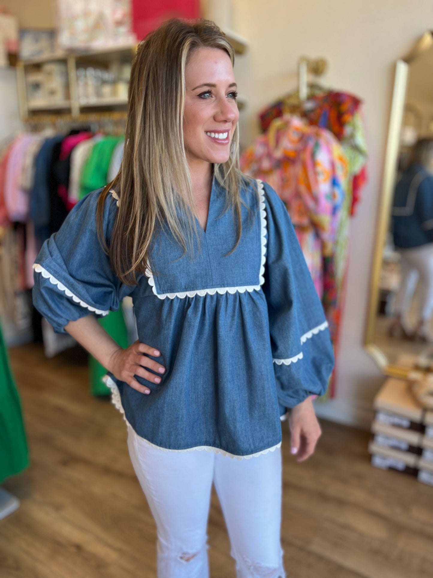 "Scallops & Shells" Denim Scallop 3/4 Sleeve Top