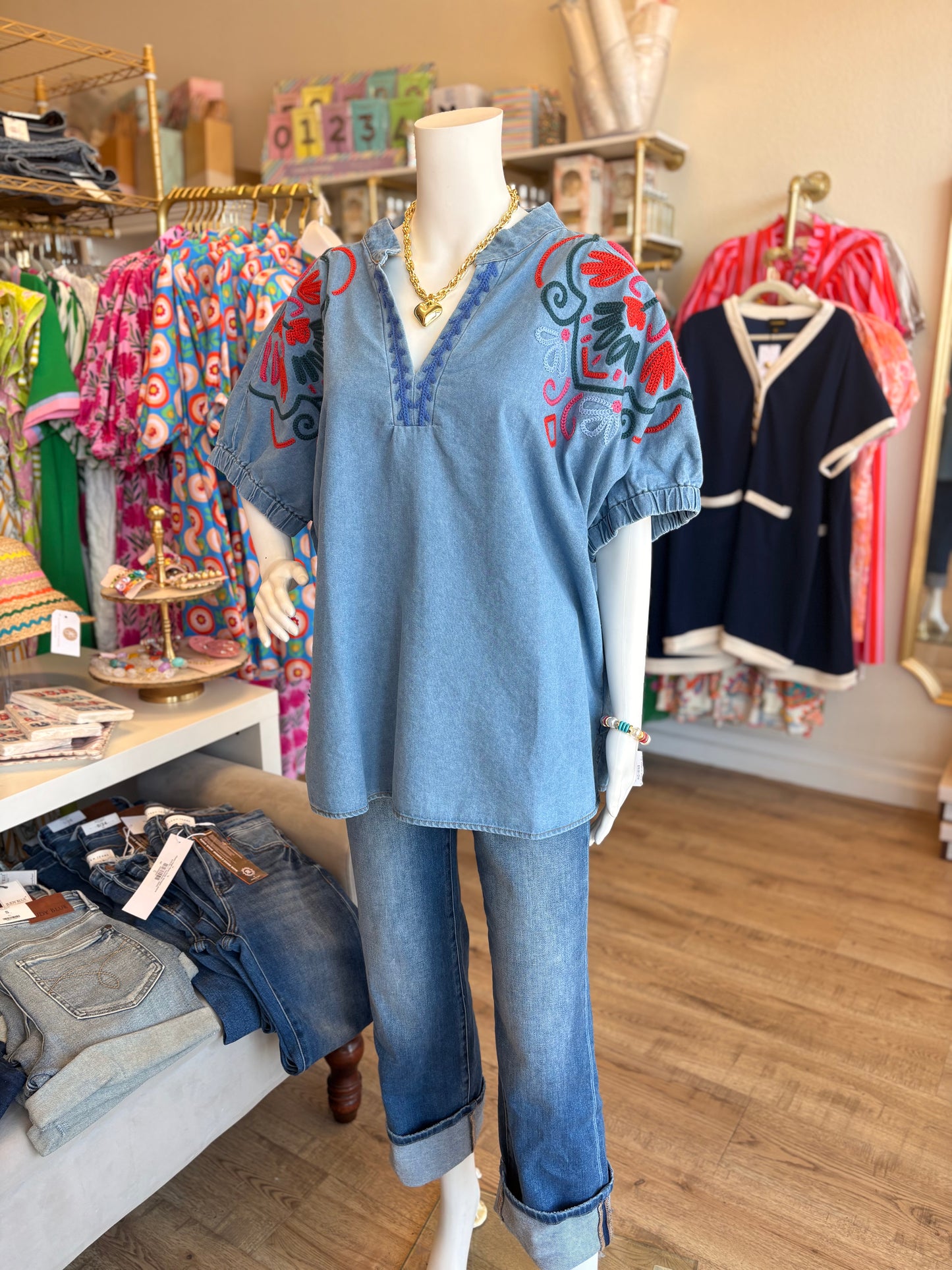 Land of Lovely Curvy Denim Embroidery Top