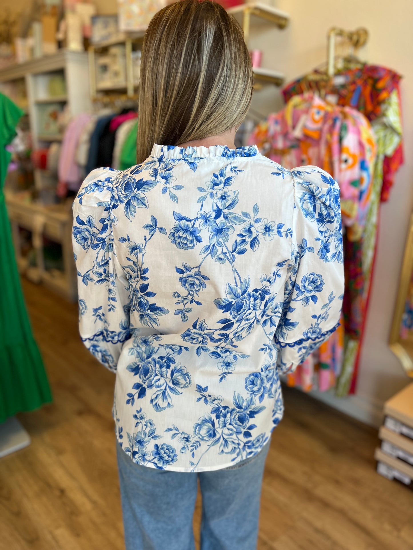 "Bold in Bloom" Blue & White Floral 3/4 Sleeve Top