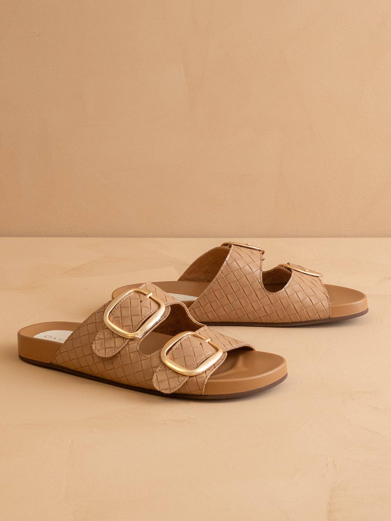 Almond Woven Slide with Oversized Gold Buckles