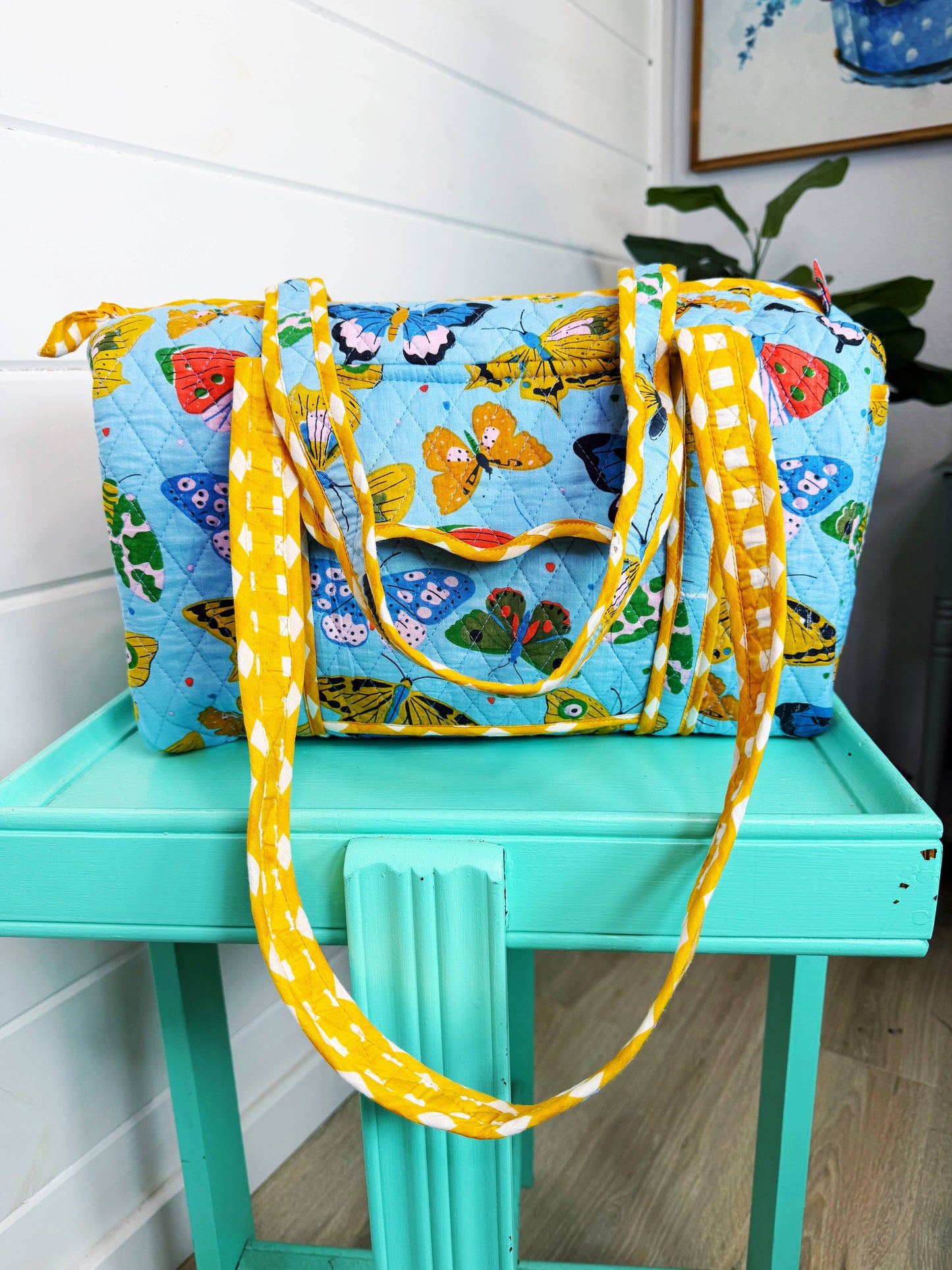 Blue Butterfly Quilted Overnight Bag