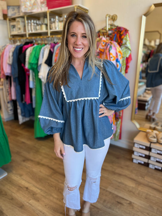 "Scallops & Shells" Denim Scallop 3/4 Sleeve Top