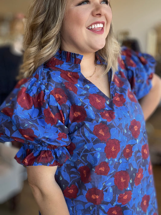 Midnight Moonflowers Curvy Blue Floral Top - FINAL SALE