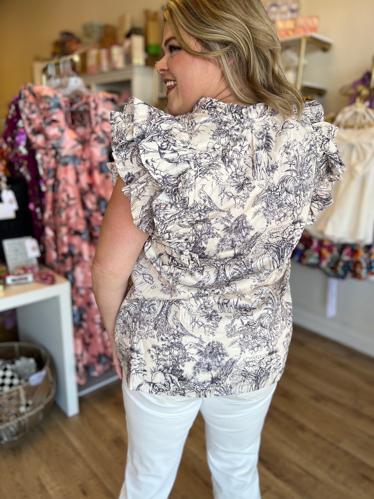 RESTOCKED! "A Moment in Time" Curvy Toile Flutter Sleeve Top