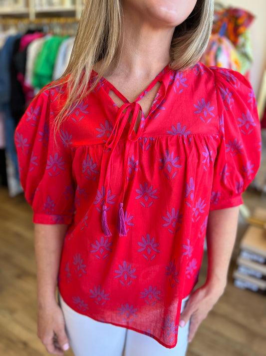 "Charming Carmine" Pink & Berry Floral Split Neck Top