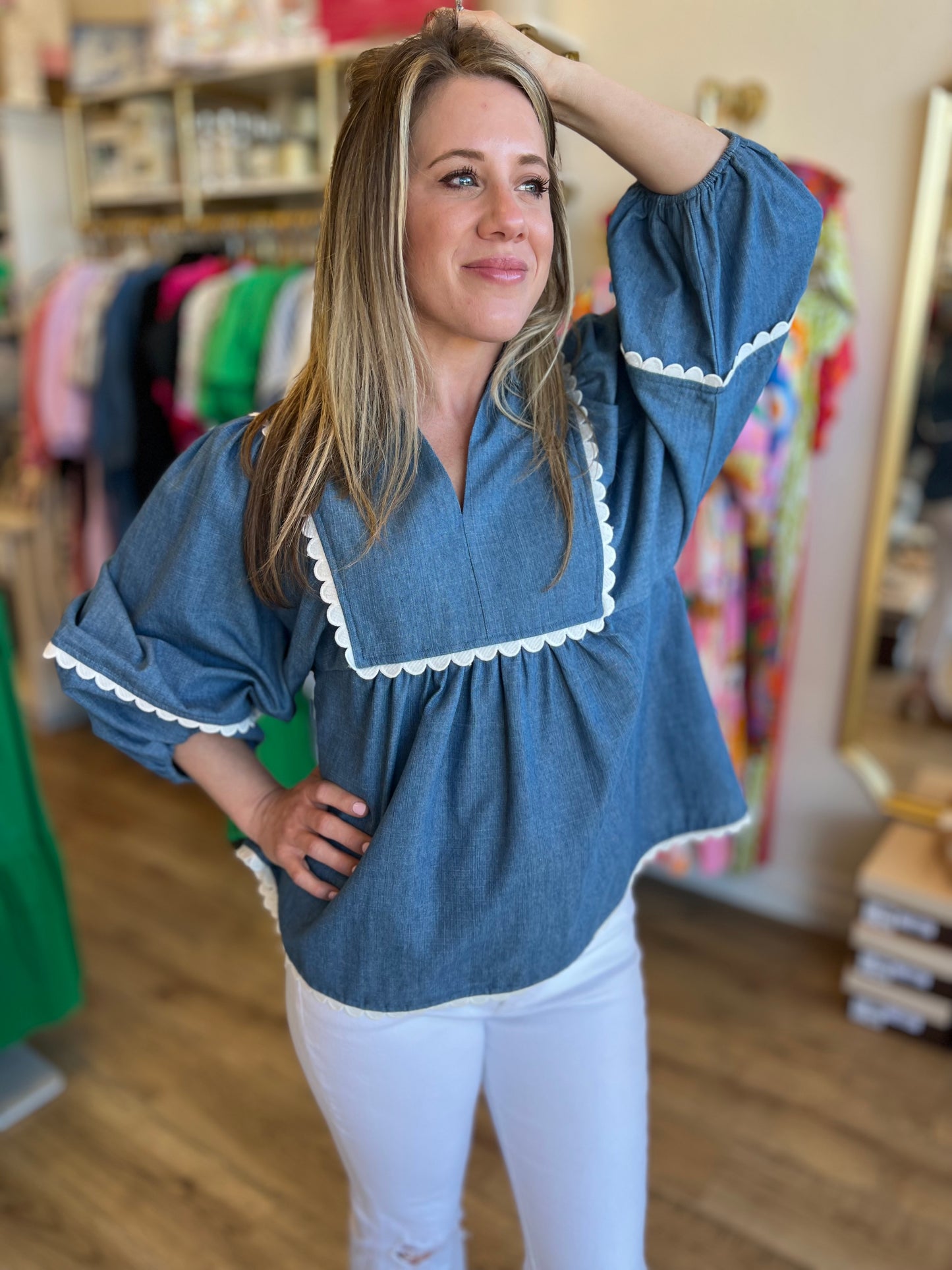 "Scallops & Shells" Denim Scallop 3/4 Sleeve Top
