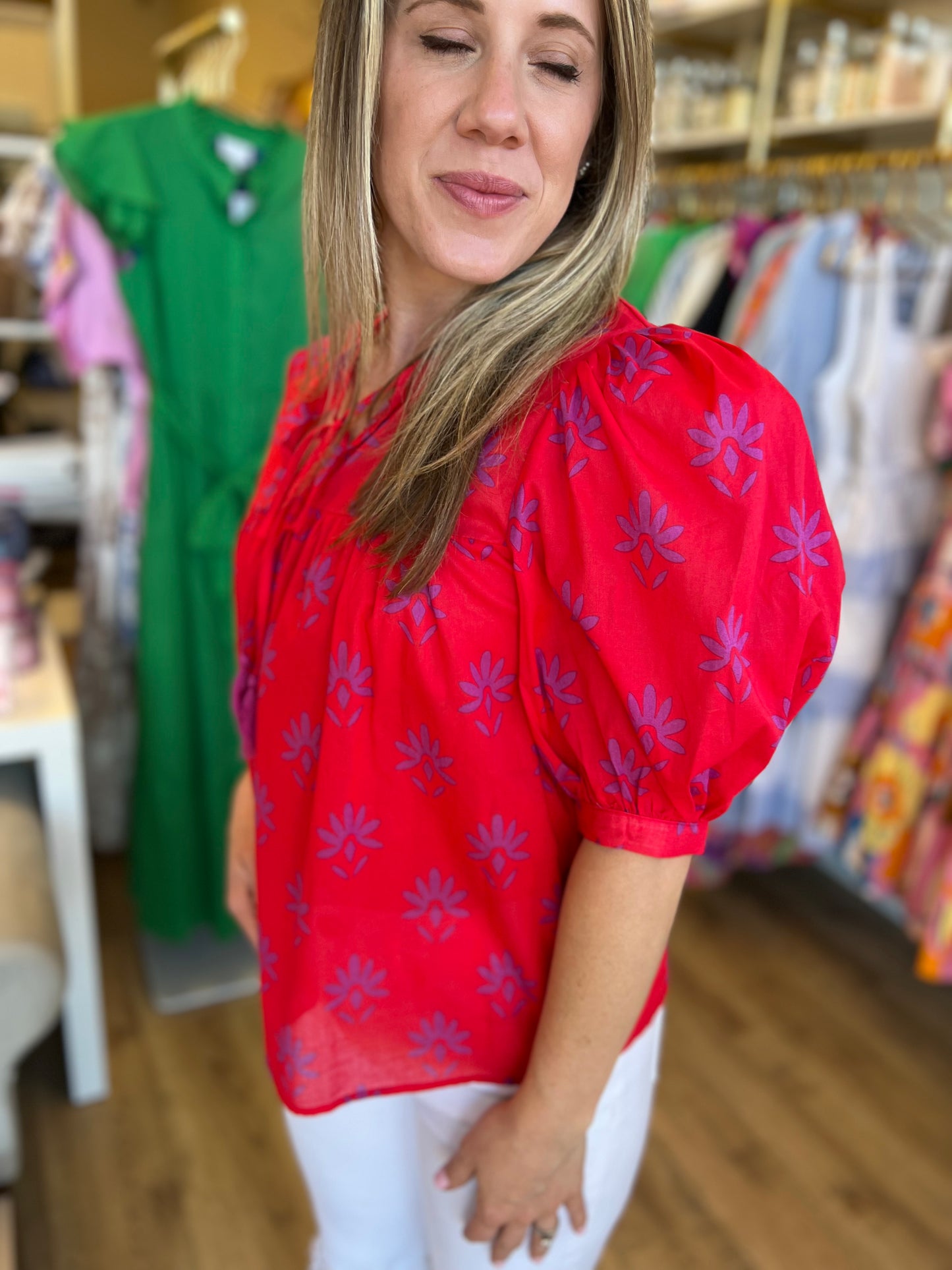 "Charming Carmine" Pink & Berry Floral Split Neck Top