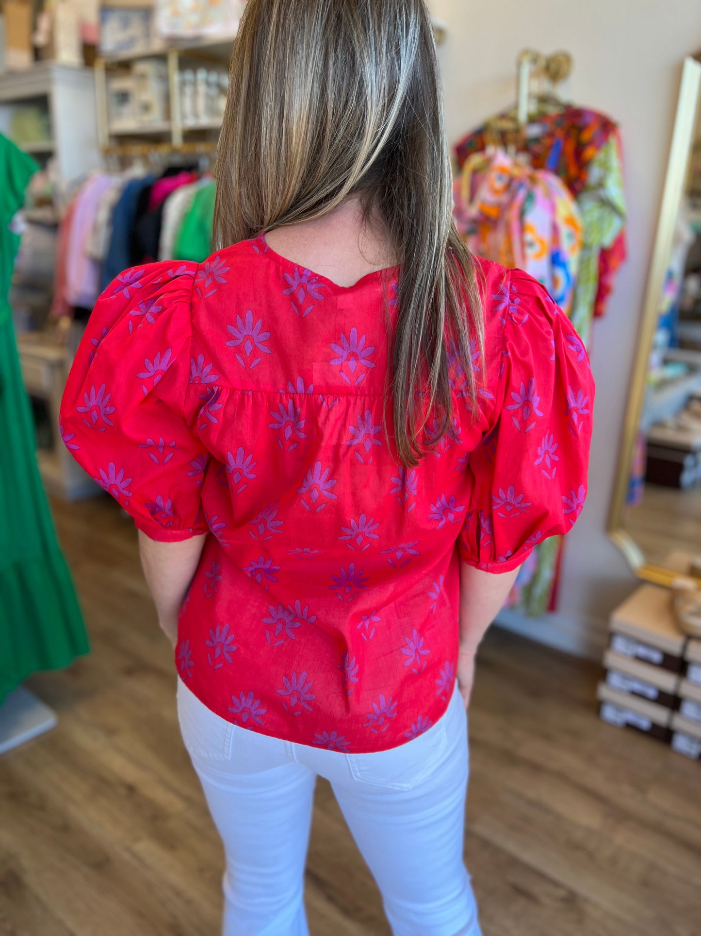 "Charming Carmine" Pink & Berry Floral Split Neck Top