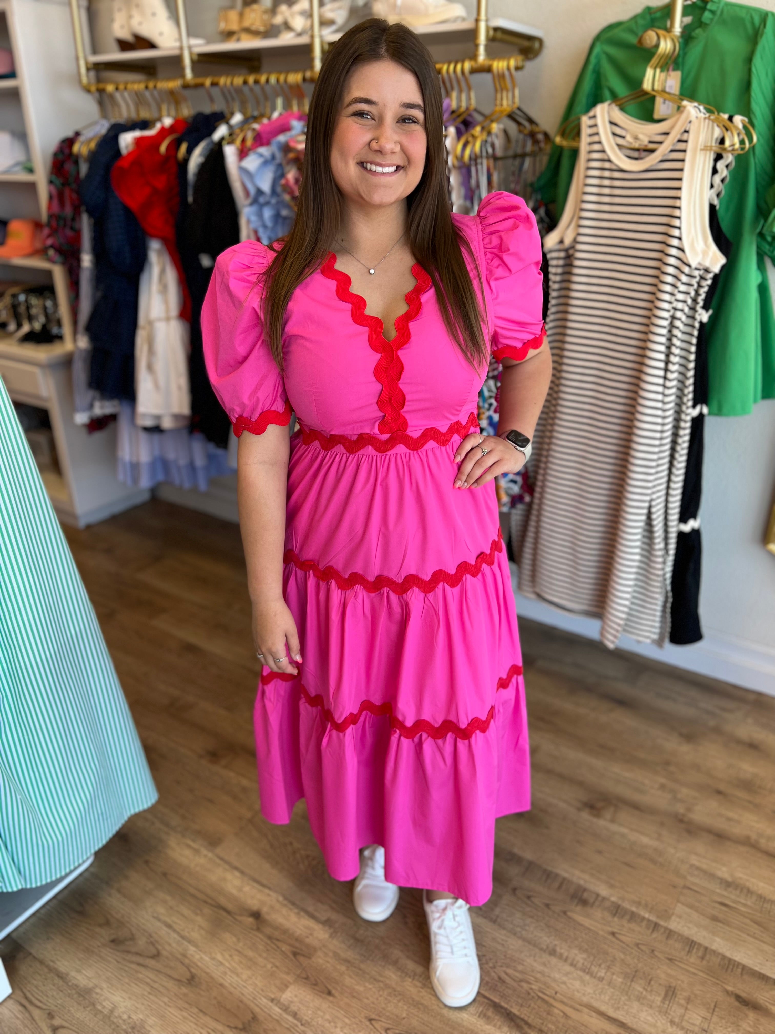 pink ric rac dress Pink Ric Rac Trim Maxi Dress Resort Chic Style for Summer