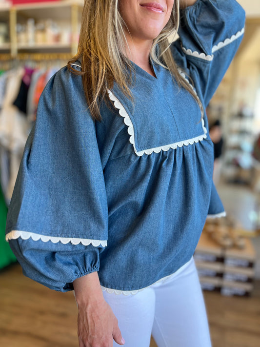 "Scallops & Shells" Denim Scallop 3/4 Sleeve Top