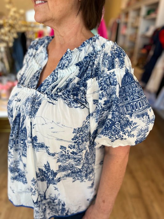 "Days of Yore" Blue Toile Top - FINAL SALE