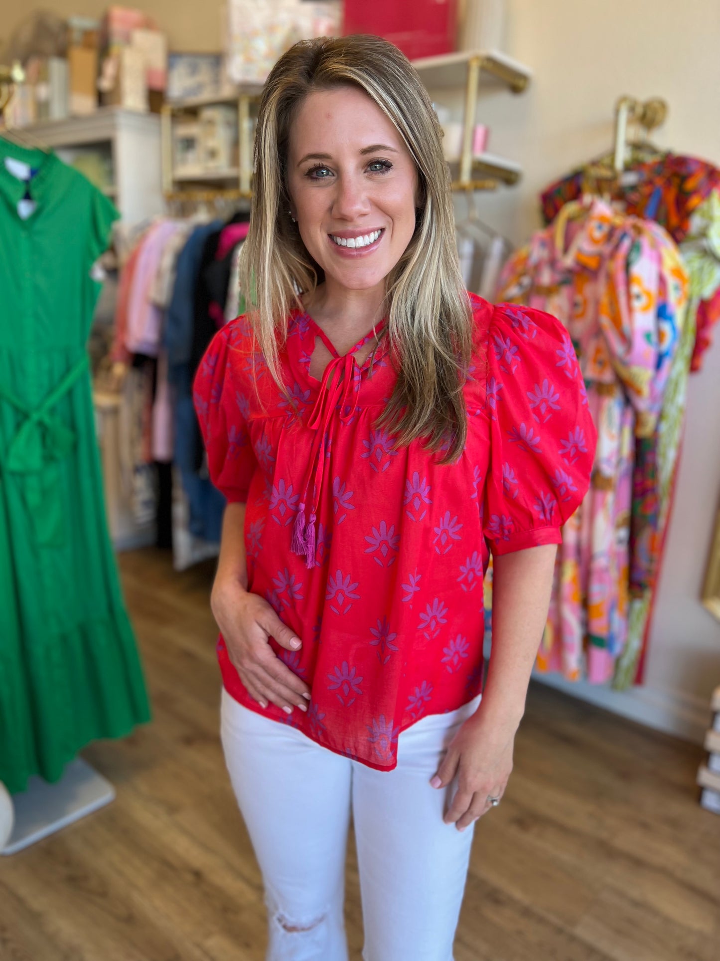 "Charming Carmine" Pink & Berry Floral Split Neck Top