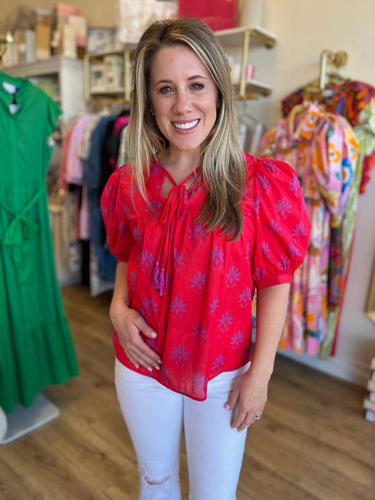 "Charming Carmine" Pink & Berry Floral Split Neck Top