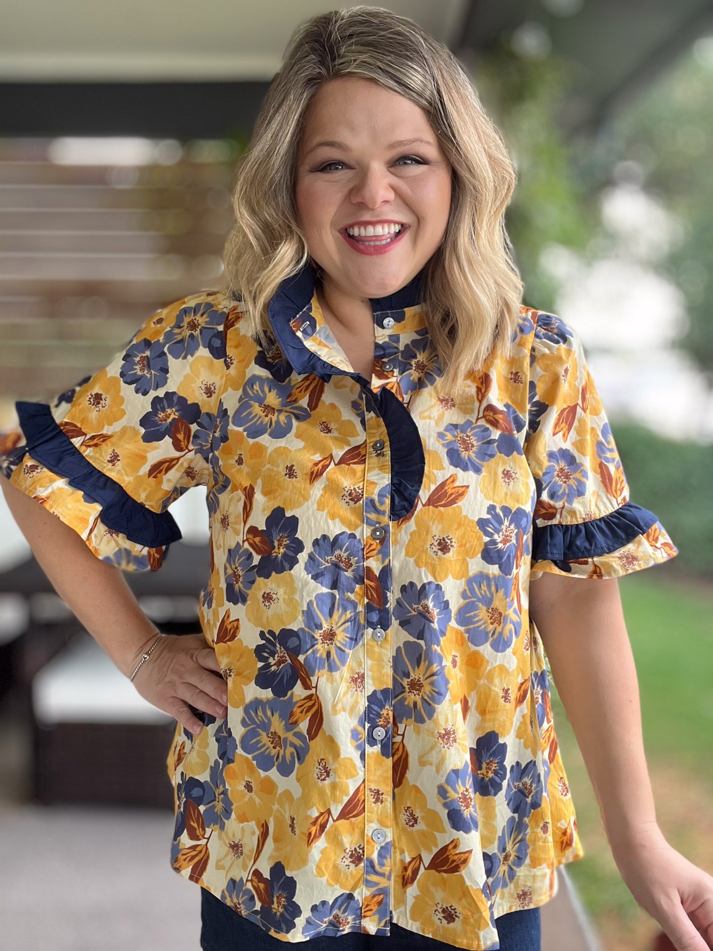 A Drop of Golden Sun Curvy Ruffle Trim Floral Shirt
