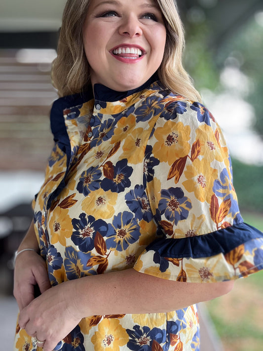 RESTOCKED! A Drop of Golden Sun Curvy Ruffle Trim Floral Shirt
