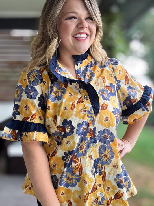 RESTOCKED! A Drop of Golden Sun Curvy Ruffle Trim Floral Shirt