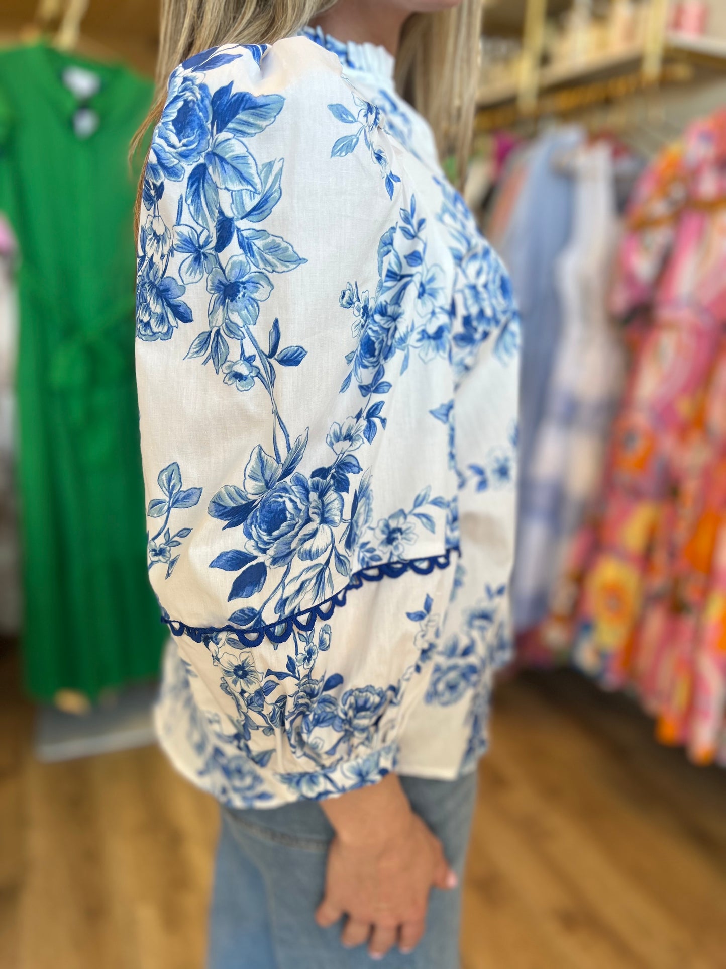 "Bold in Bloom" Blue & White Floral 3/4 Sleeve Top