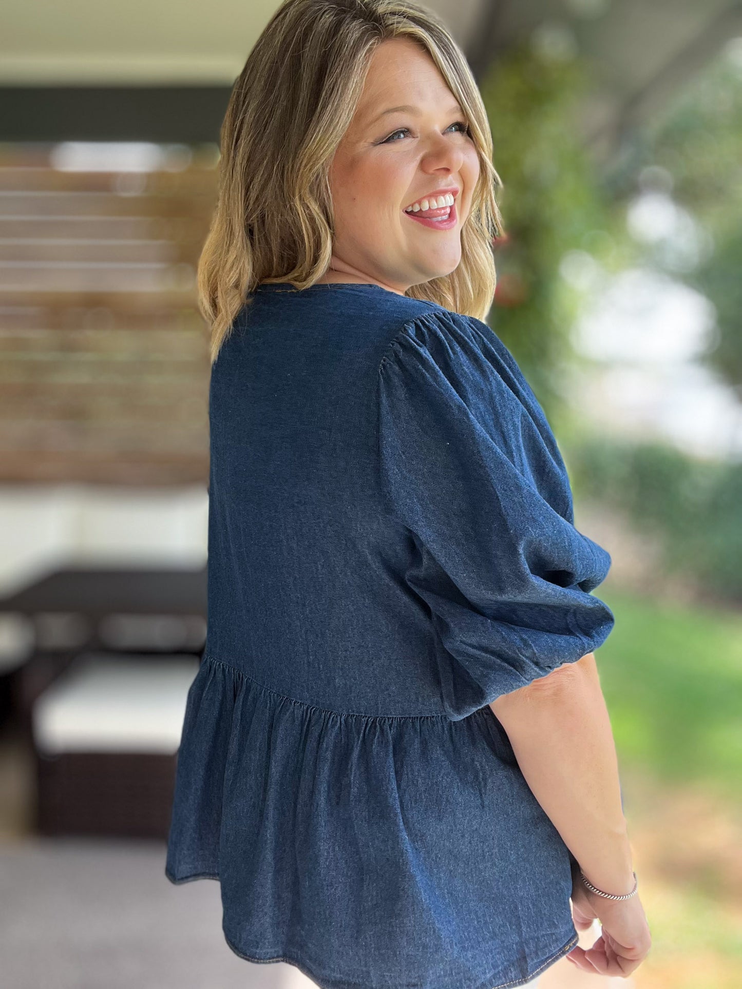 A Moment of Truth Plus-Size Denim Tie Front Top