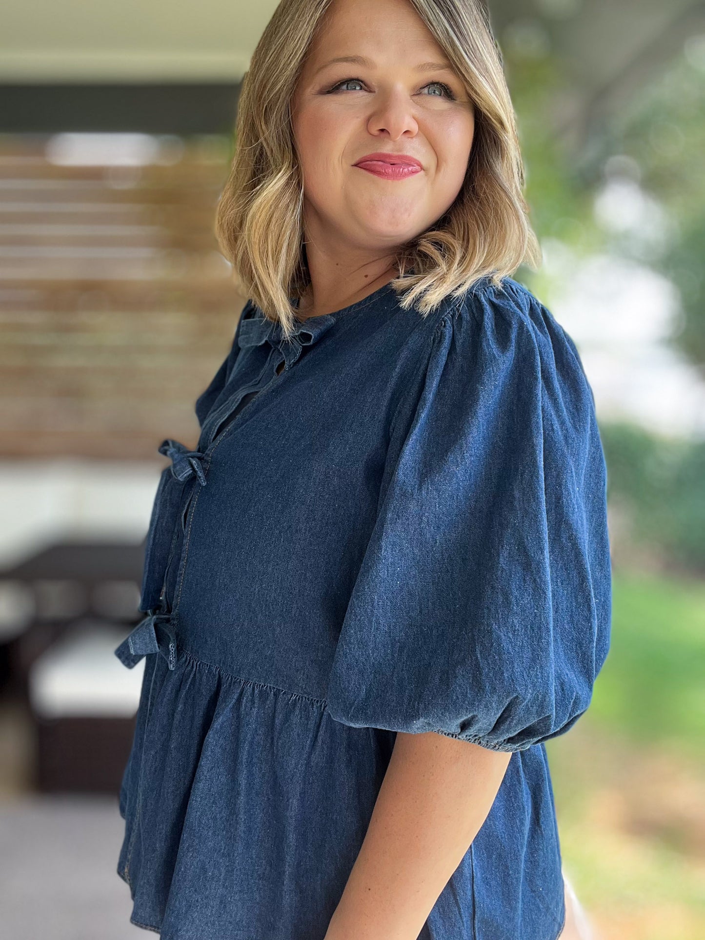 A Moment of Truth Plus-Size Denim Tie Front Top
