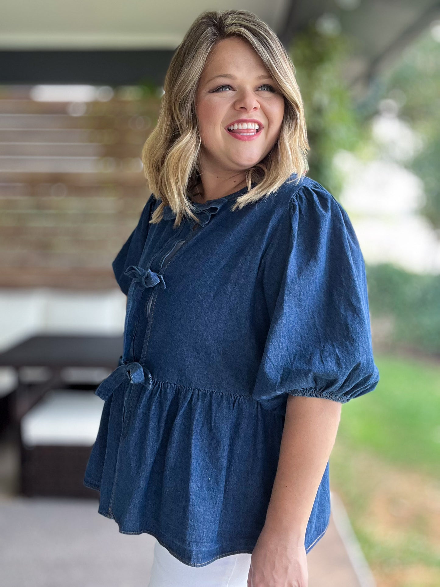 A Moment of Truth Plus-Size Denim Tie Front Top