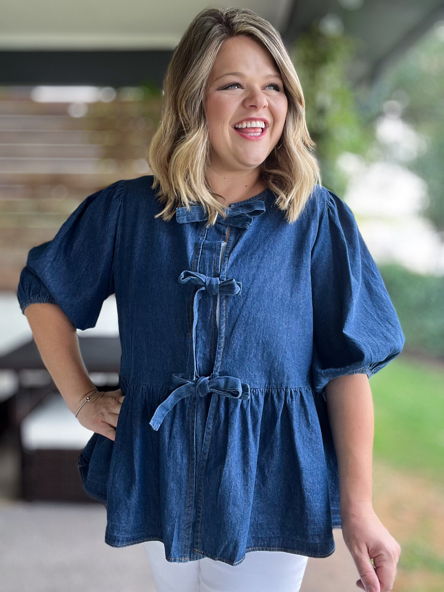 A Moment of Truth Plus-Size Denim Tie Front Top
