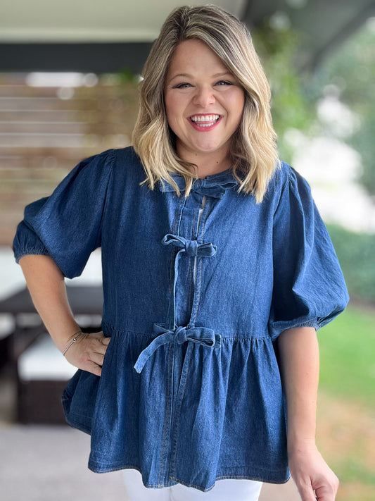 A Moment of Truth Plus-Size Denim Tie Front Top