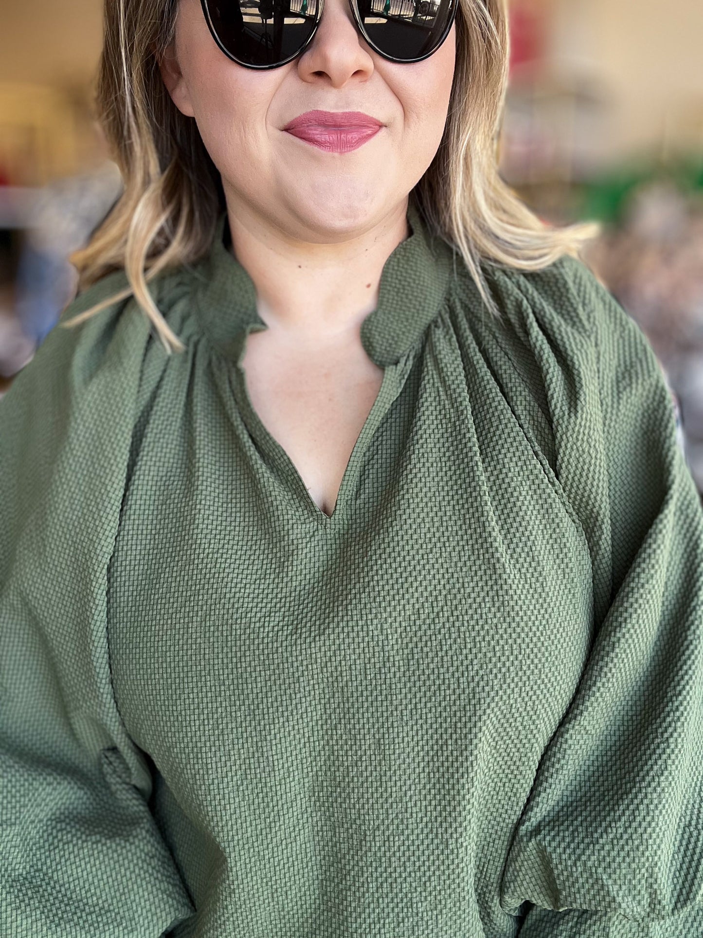 A ‘Tini Bit Better Curvy Olive Scalloped 3/4 Sleeve Top