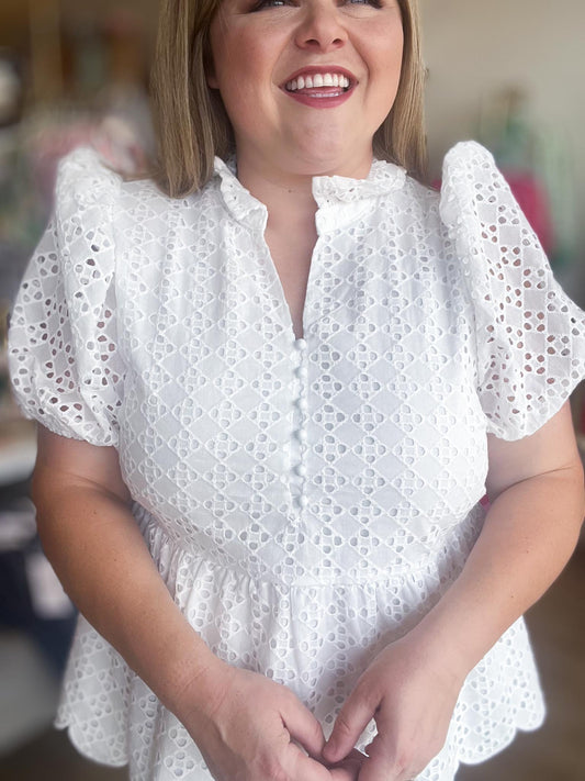 American Honey Curvy White Eyelet Peplum Top