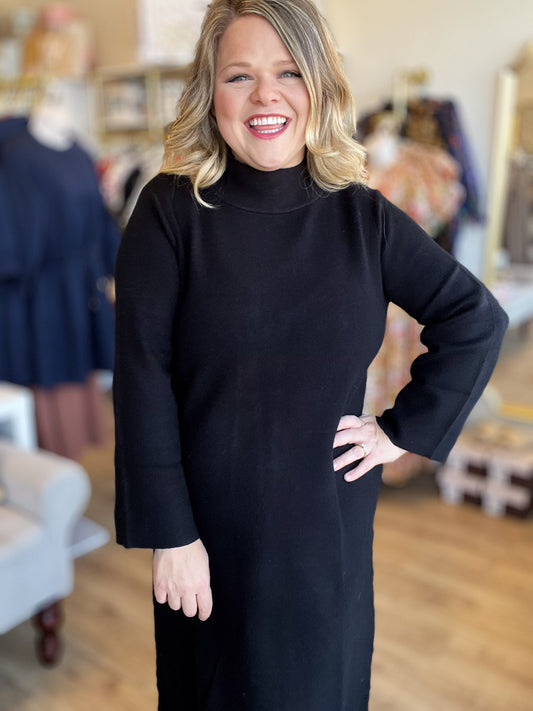 Autumn Breeze Black Sweater Midi Dress