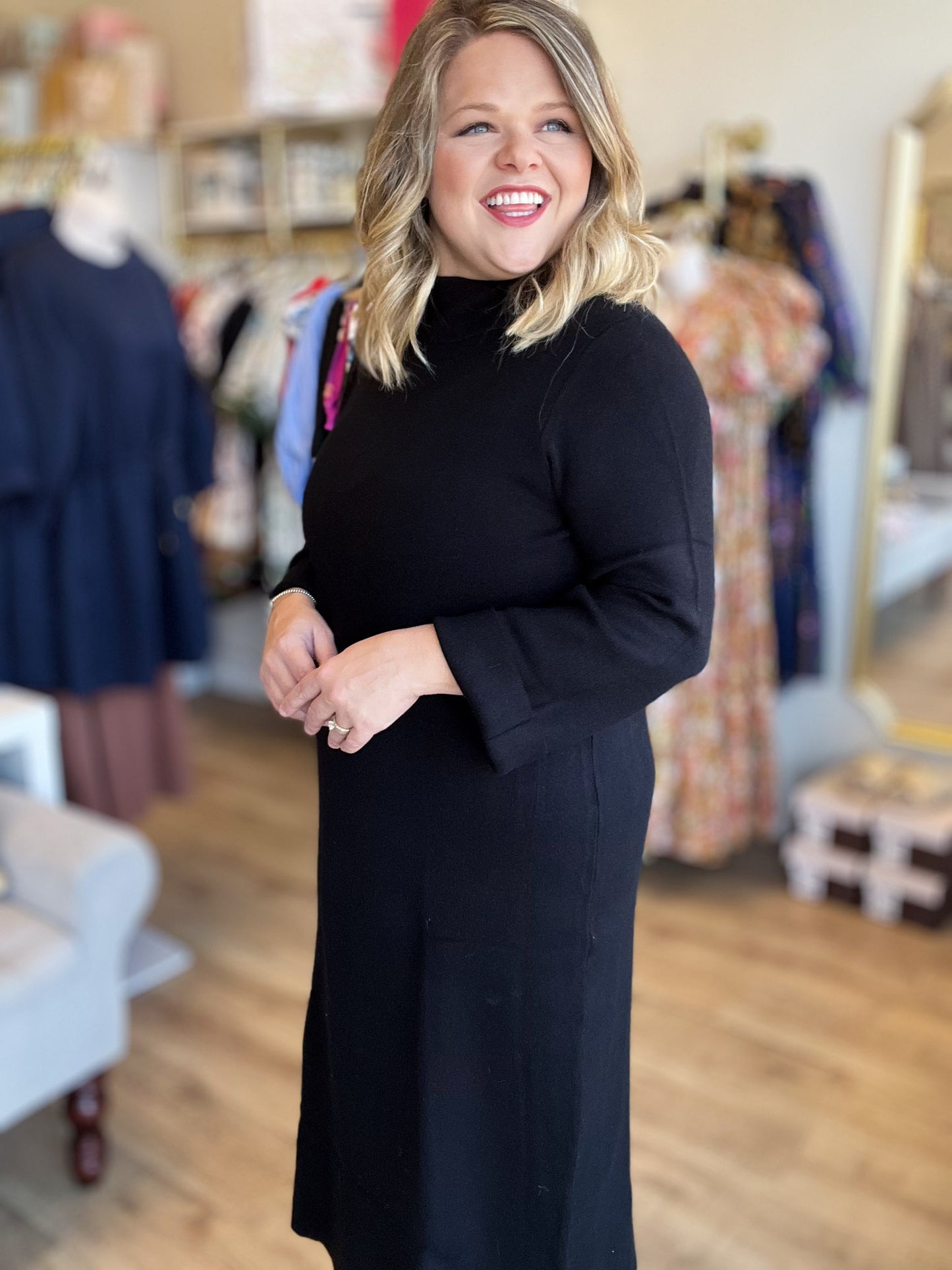 Autumn Breeze Black Sweater Midi Dress