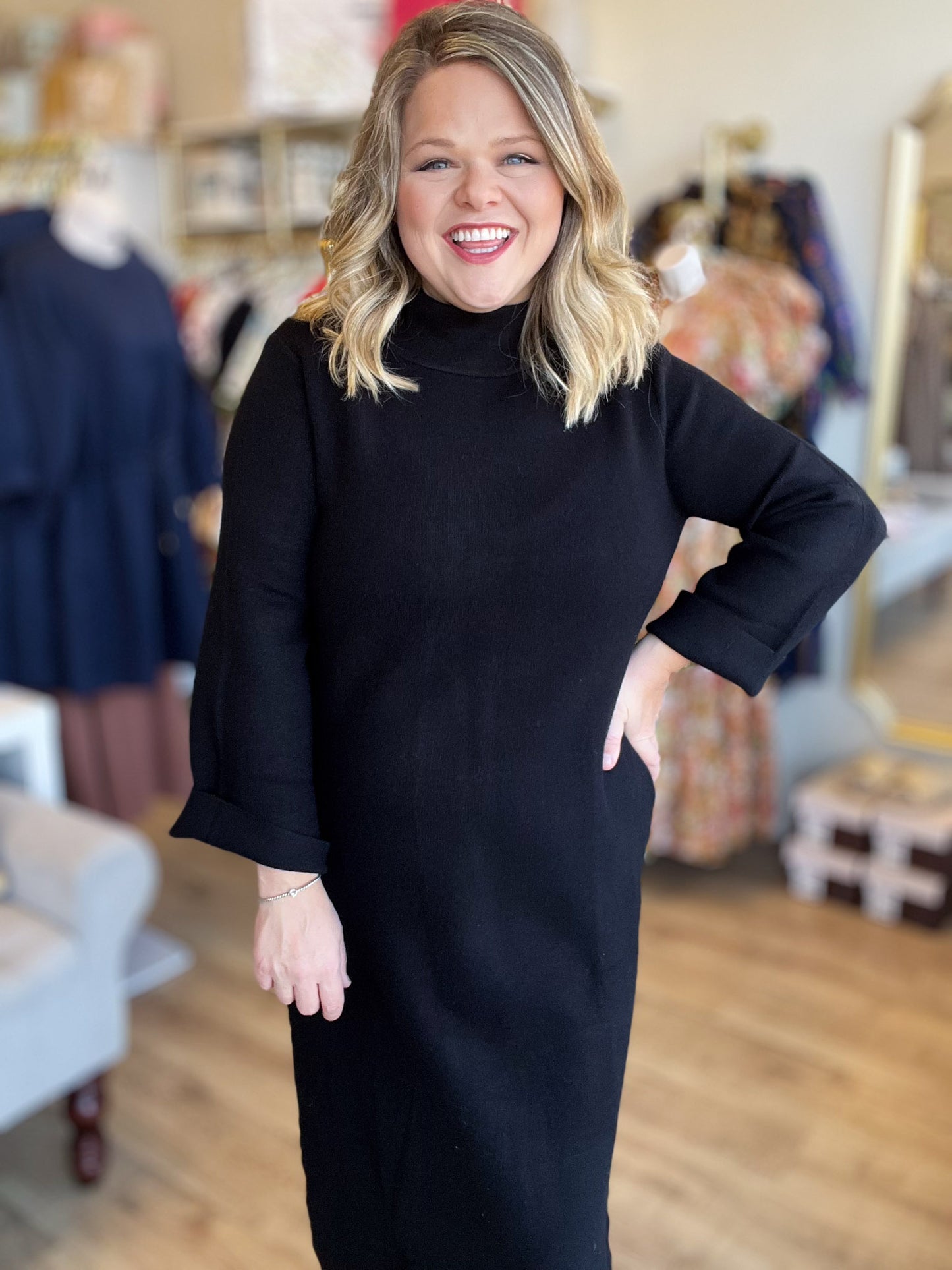 Autumn Breeze Black Sweater Midi Dress