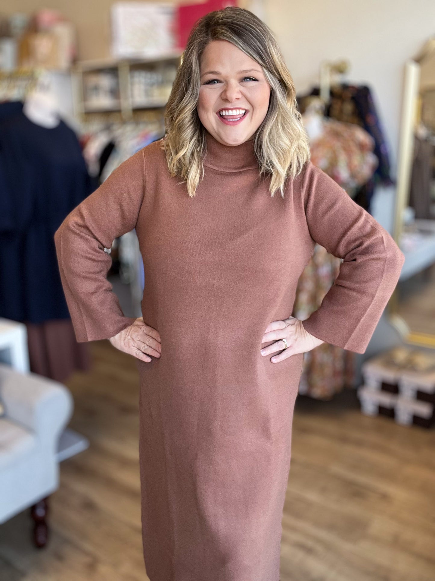 Autumn Breeze Mocha Sweater Midi Dress