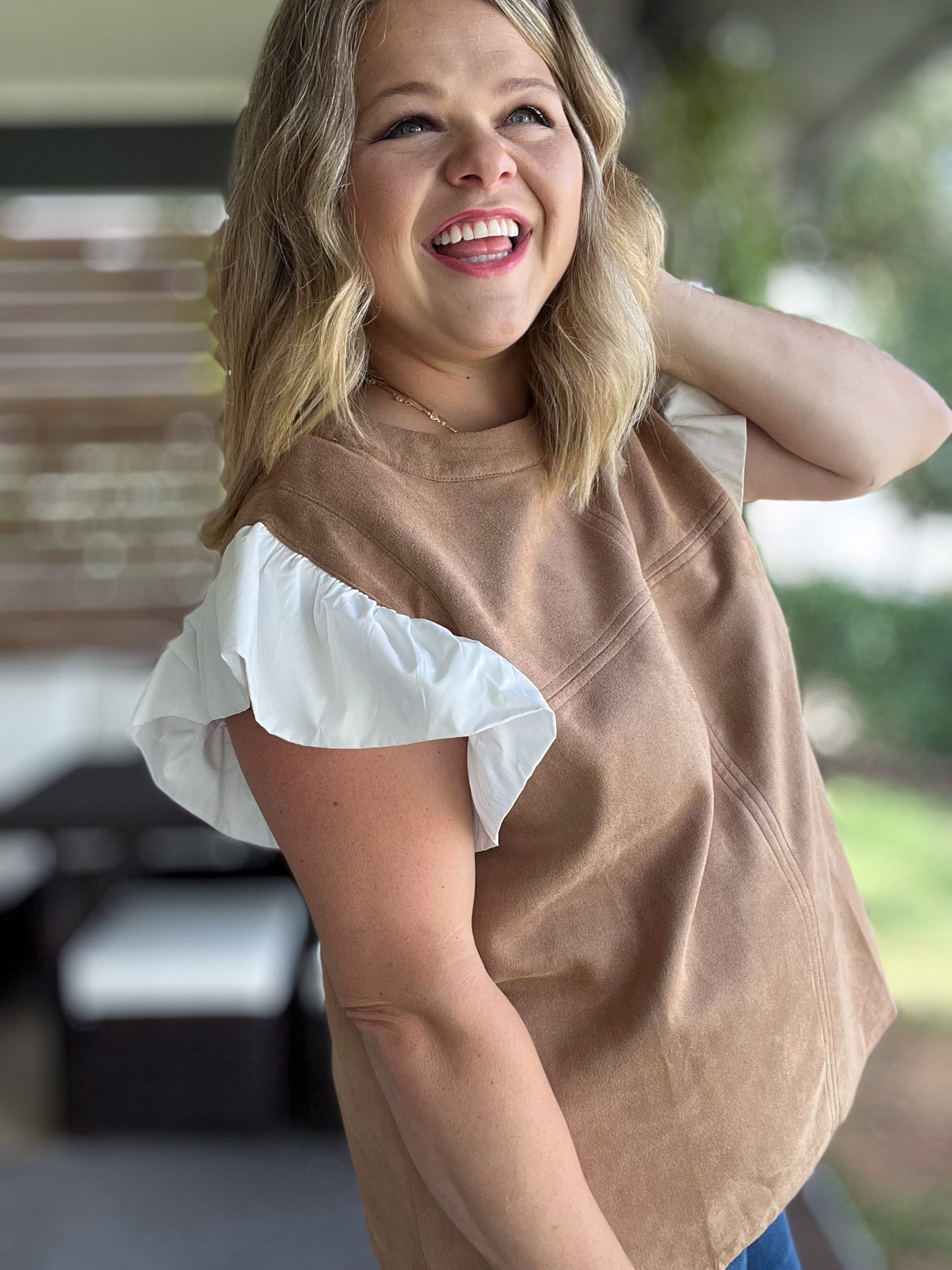 Autumn Chic Plus-Size Faux Suede Flutter Sleeve Top