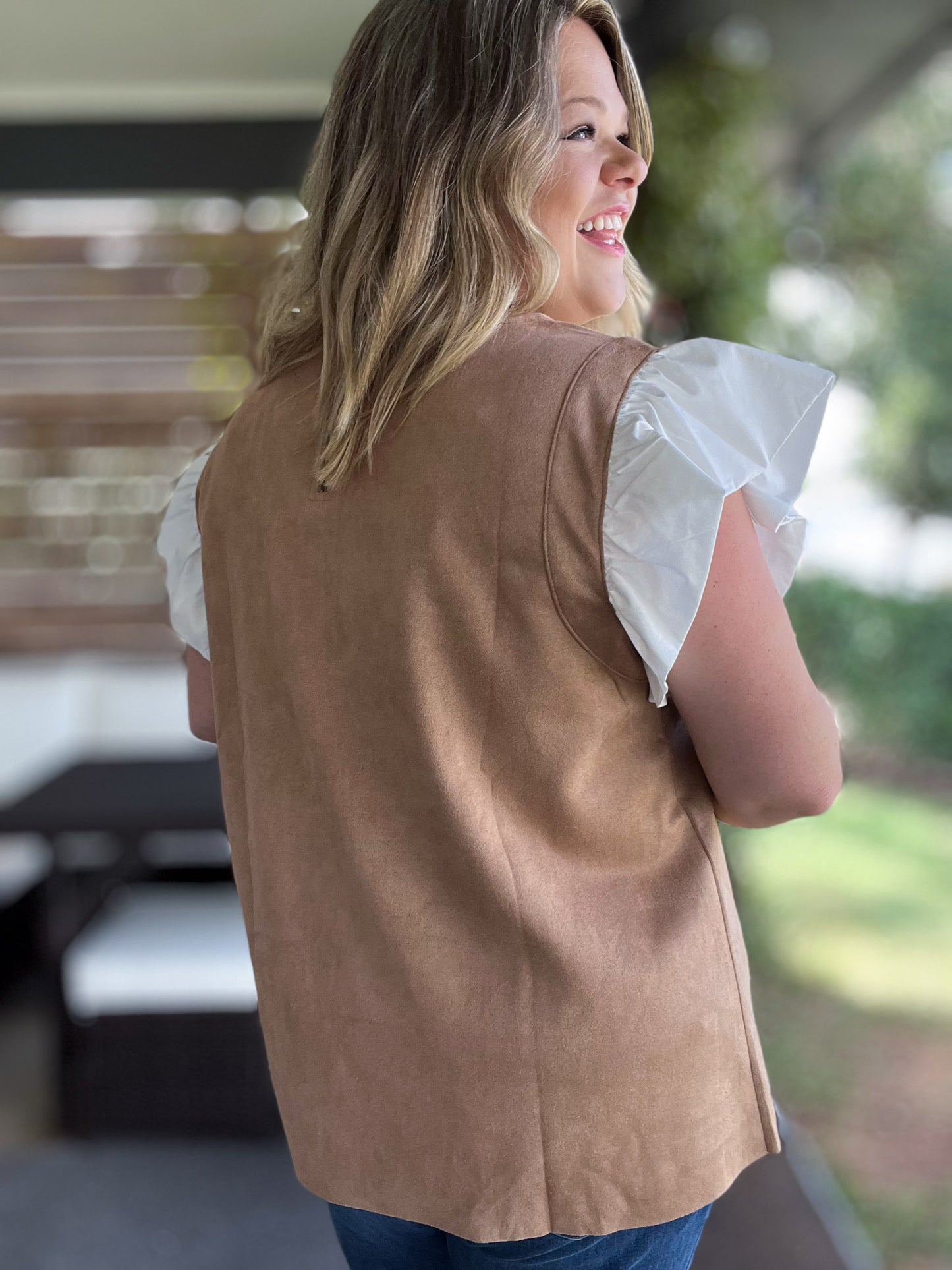 Autumn Chic Plus-Size Faux Suede Flutter Sleeve Top