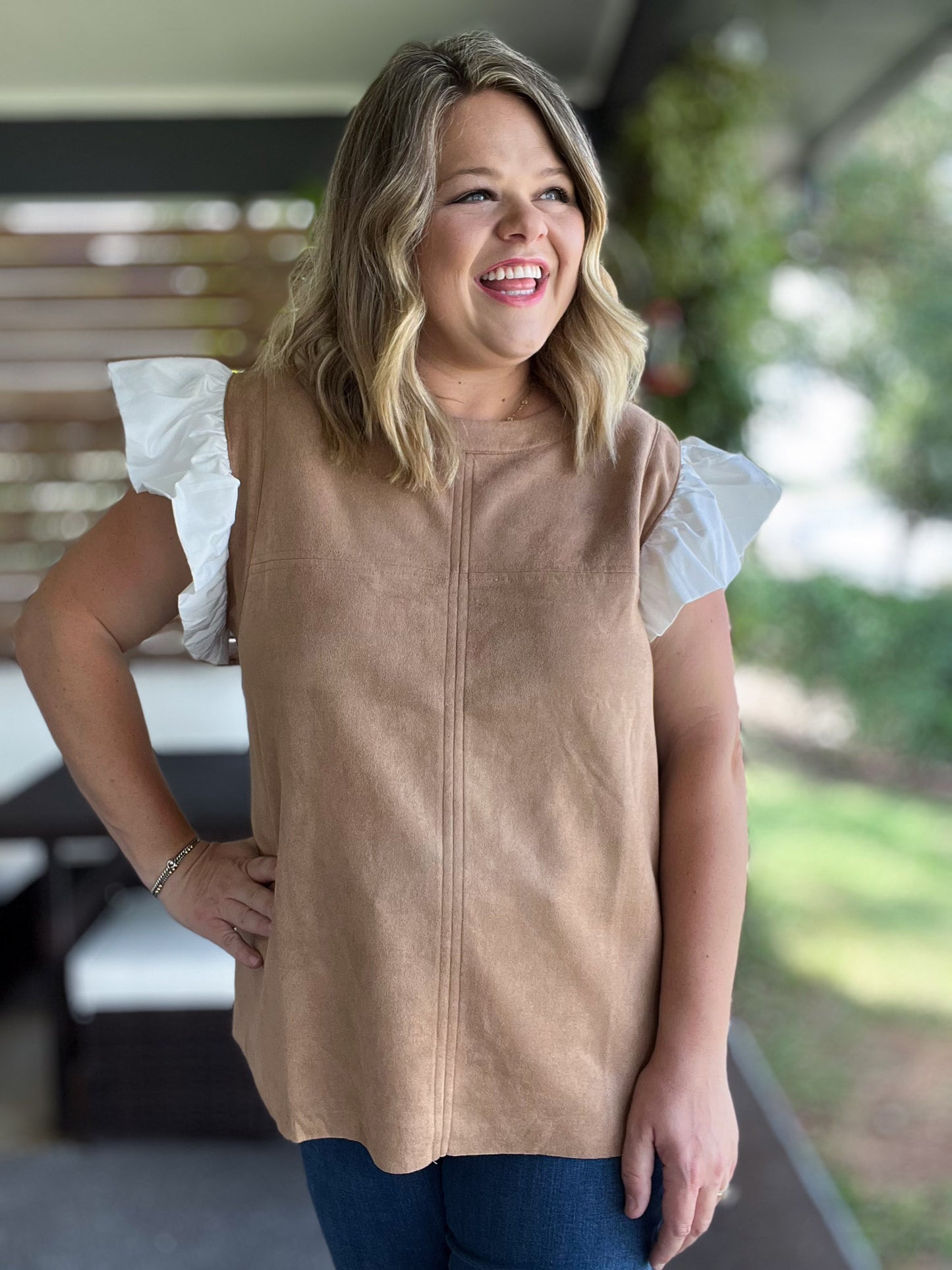 Autumn Chic Plus-Size Faux Suede Flutter Sleeve Top