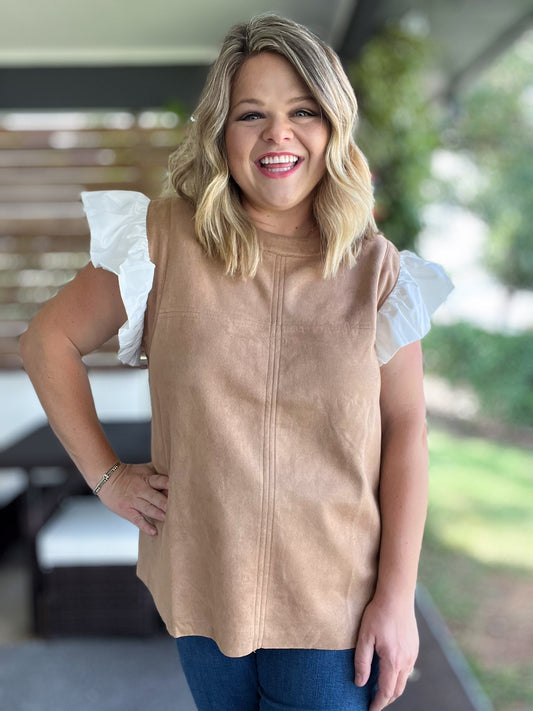 Autumn Chic Plus-Size Faux Suede Flutter Sleeve Top