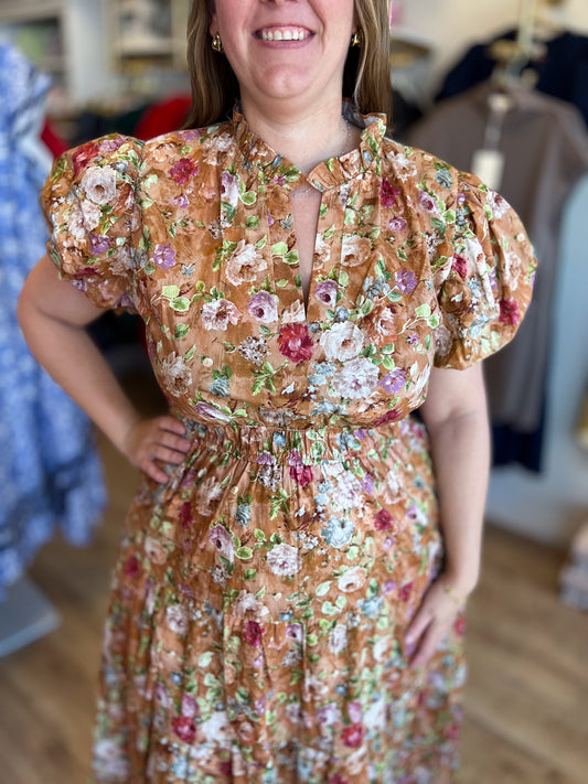 Autumn Dream Terra Cotta Curvy Floral Midi Dress