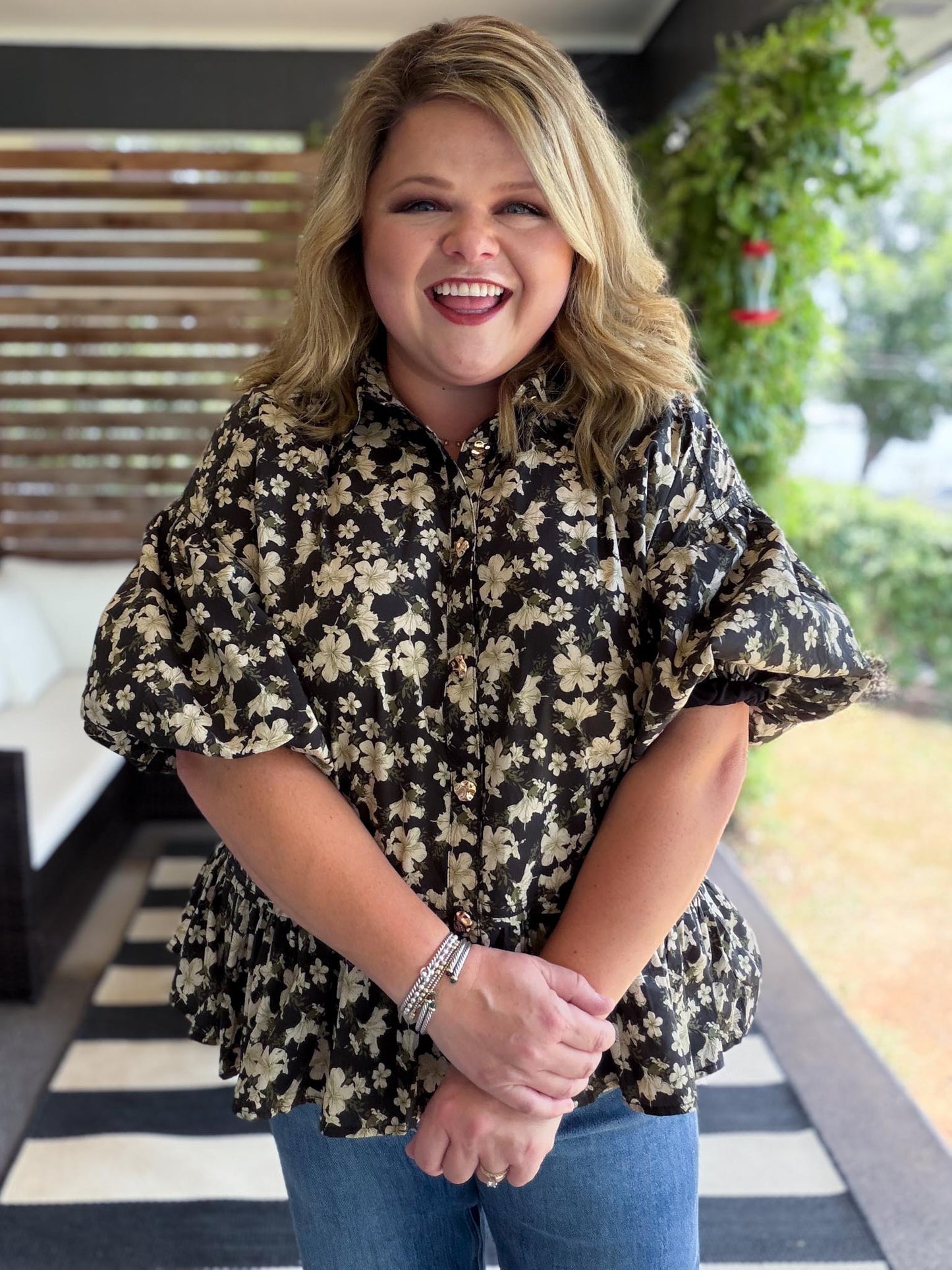 Autumn Muse Curvy Black Floral Peplum Top