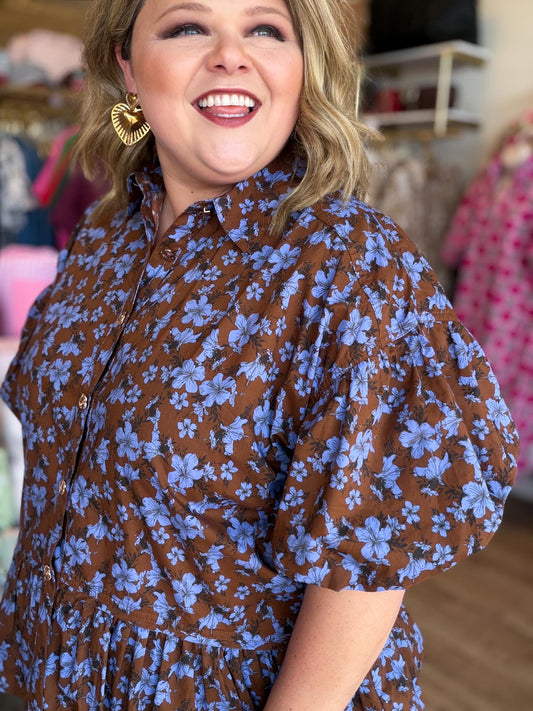 Autumn Muse Curvy Brown Floral Peplum Top