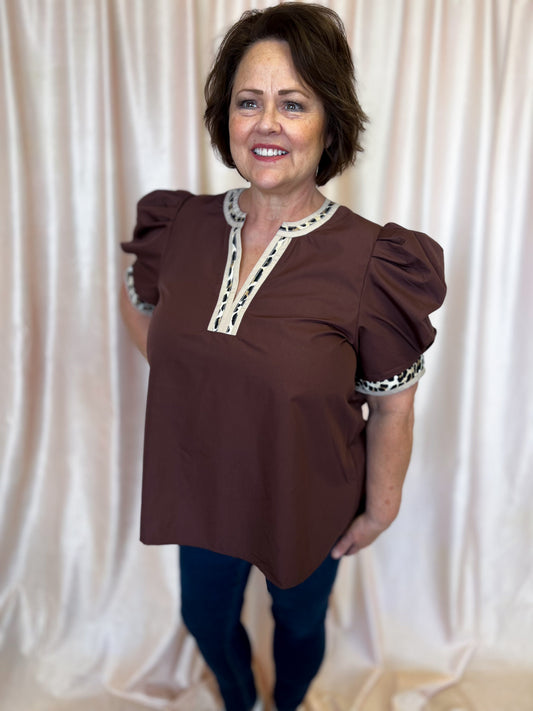 Autumn Safari Curvy Brown Leopard Trim Top