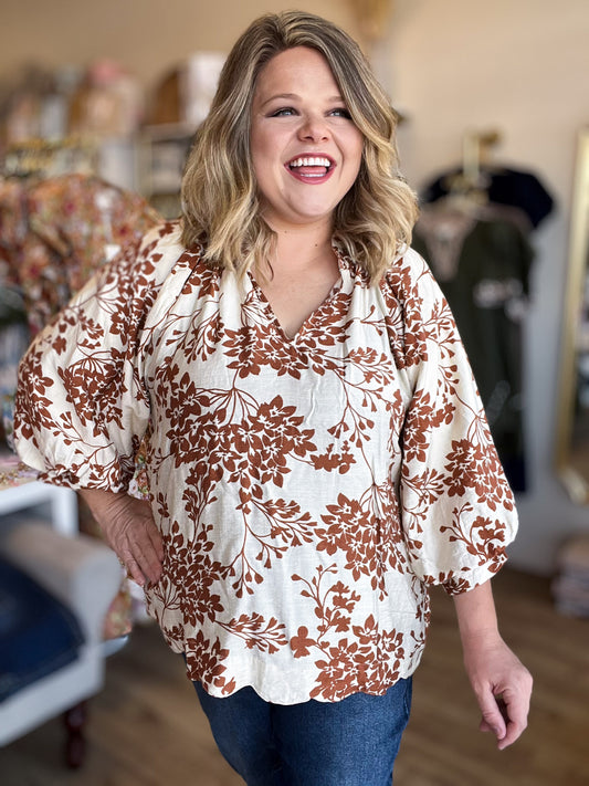 Autumn Skies Curvy Caramel Cherry Blossom Blouse