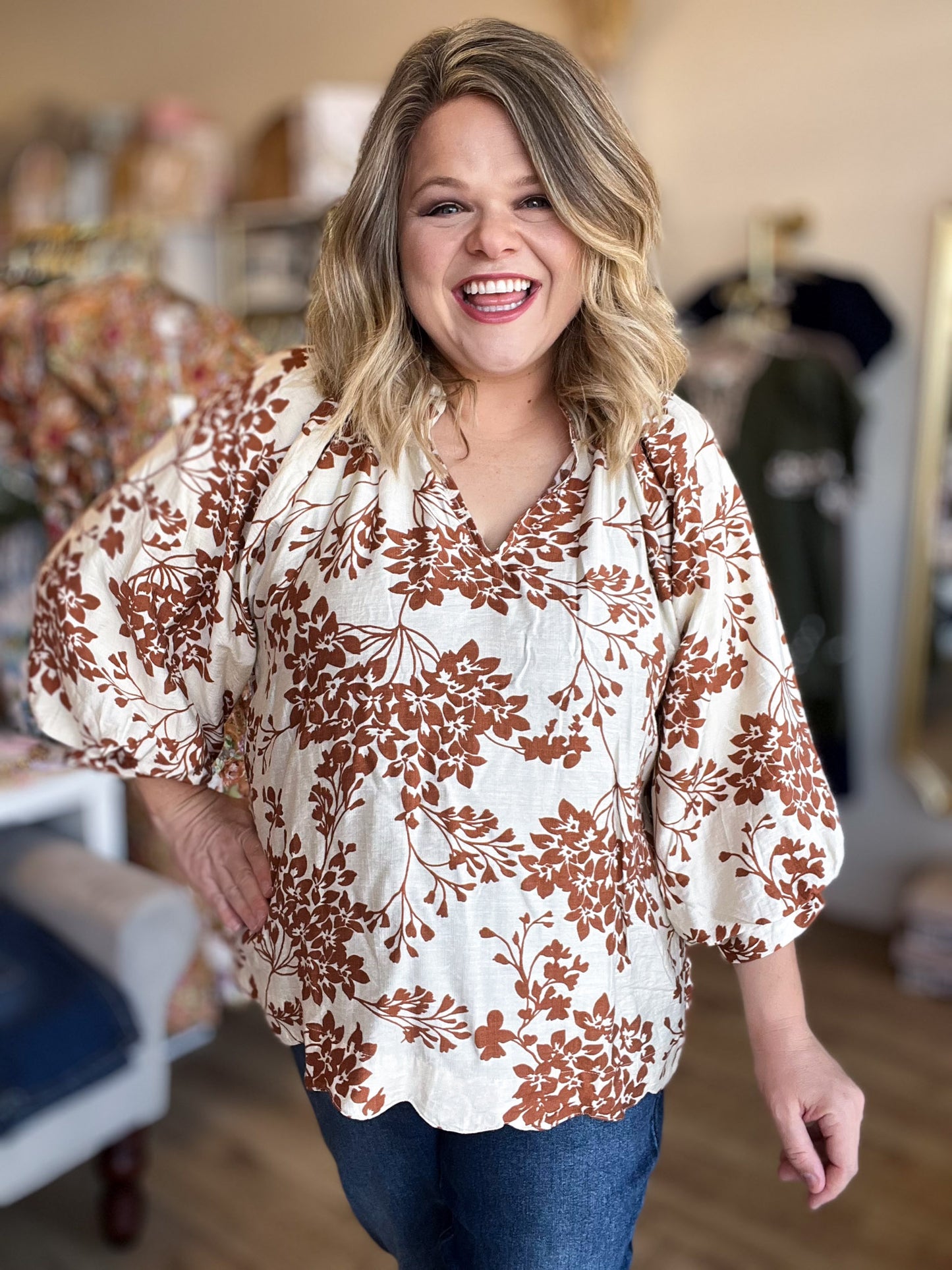 Autumn Skies Curvy Caramel Cherry Blossom Blouse