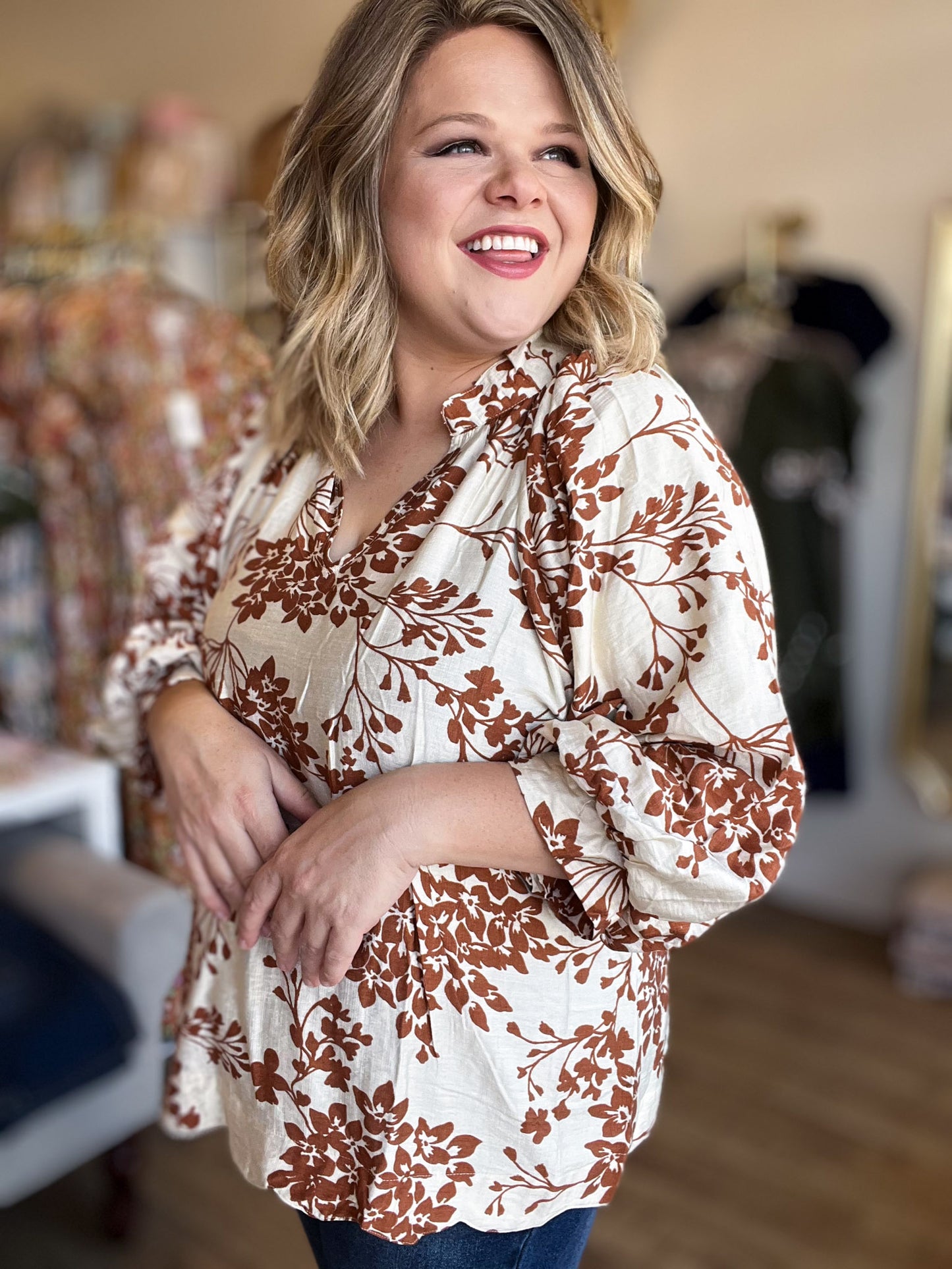 Autumn Skies Curvy Caramel Cherry Blossom Blouse