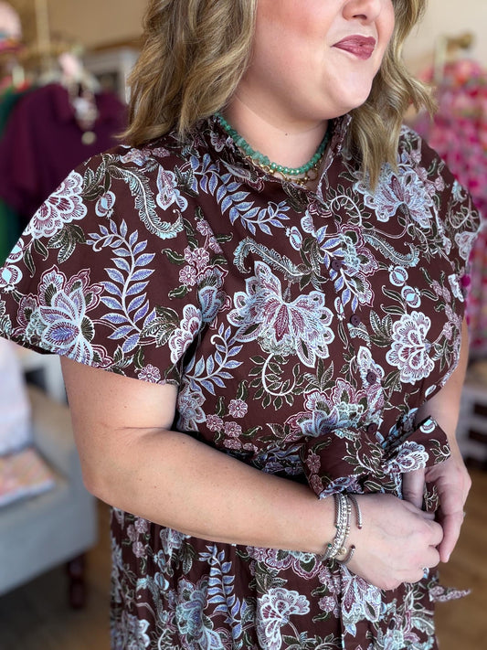 Autumn's Bouquet Plus-Size Brown Floral Tiered Midi Dress