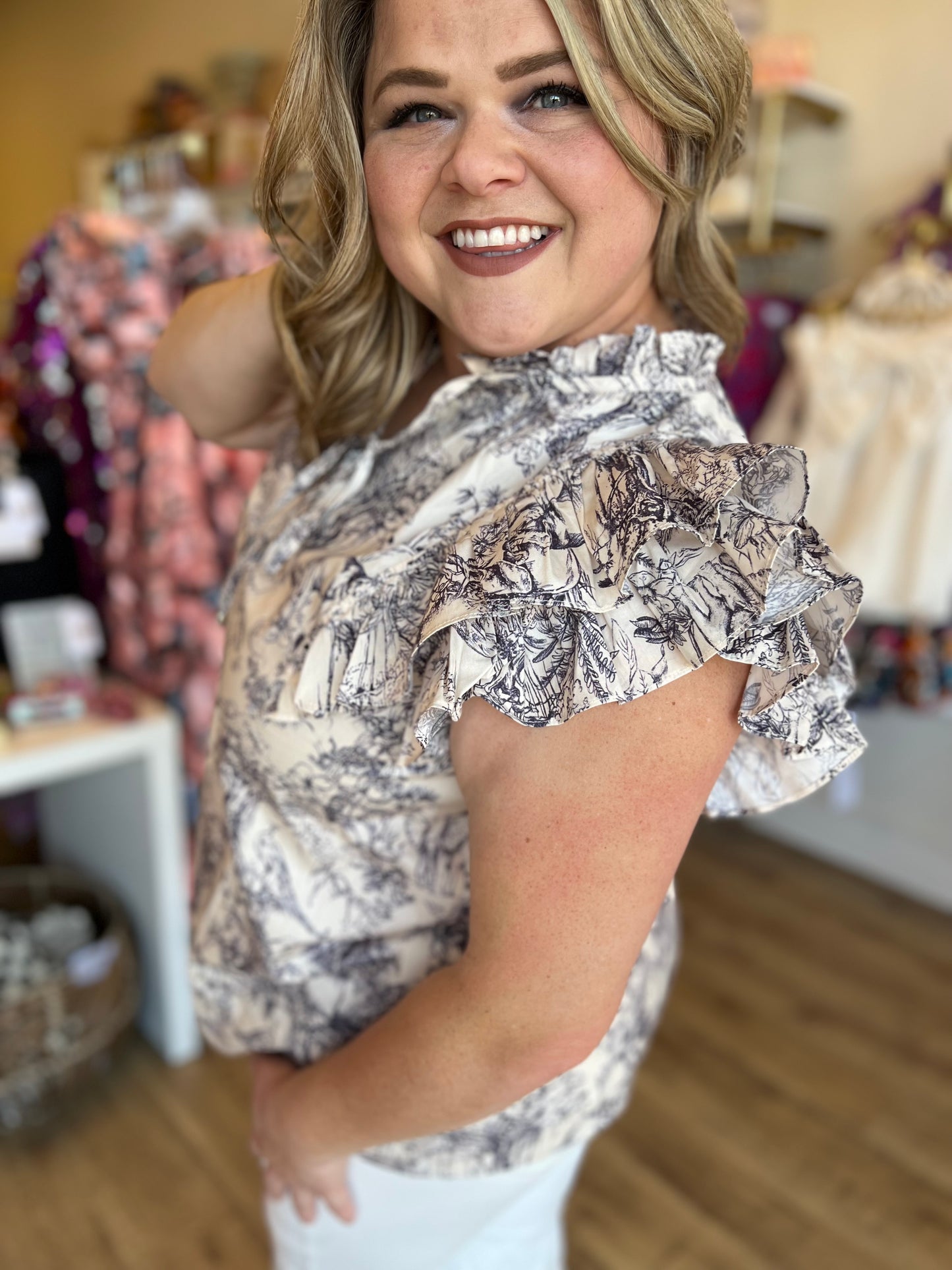 RESTOCKED! "A Moment in Time" Curvy Toile Flutter Sleeve Top