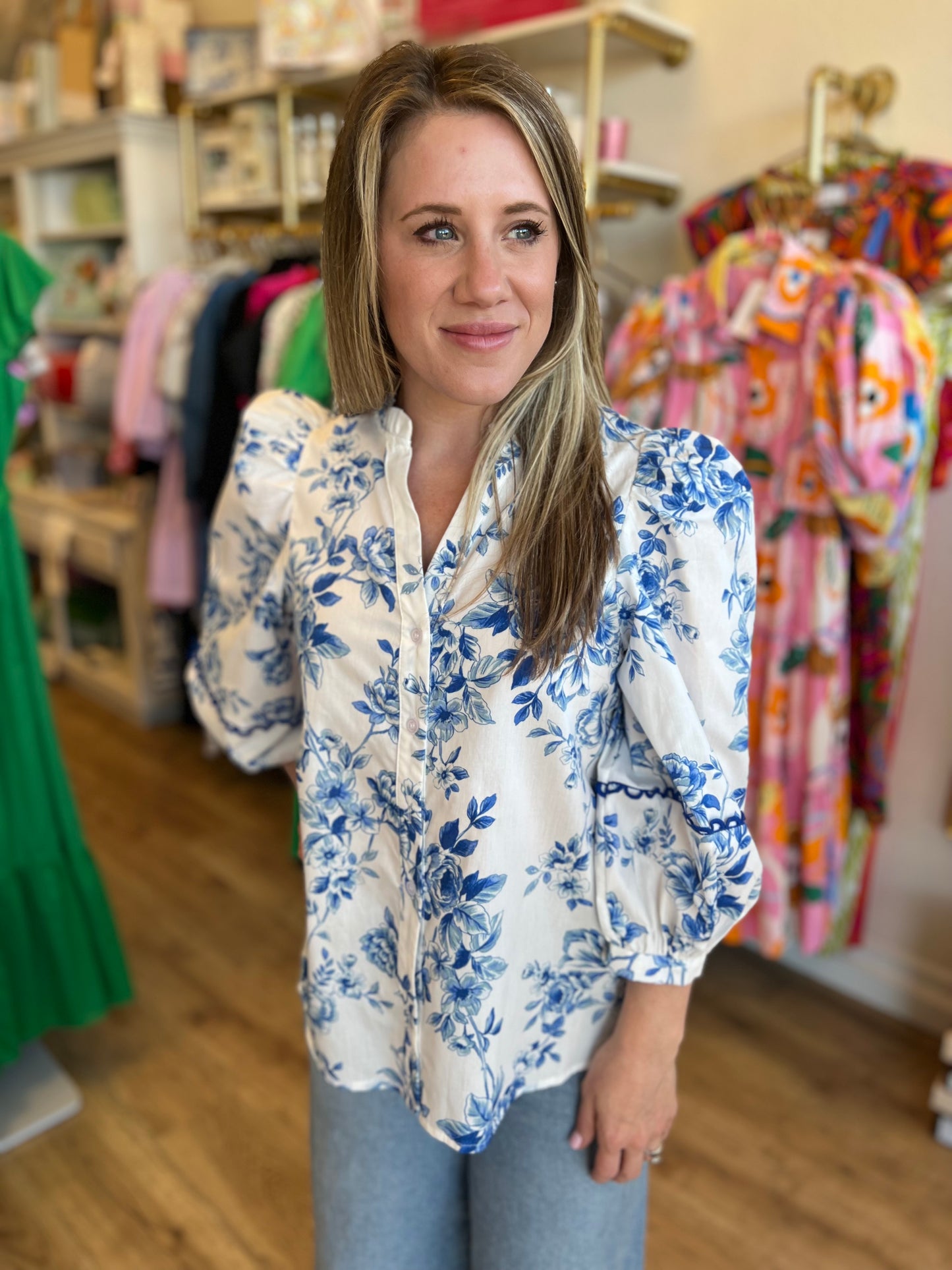 "Bold in Bloom" Blue & White Floral 3/4 Sleeve Top