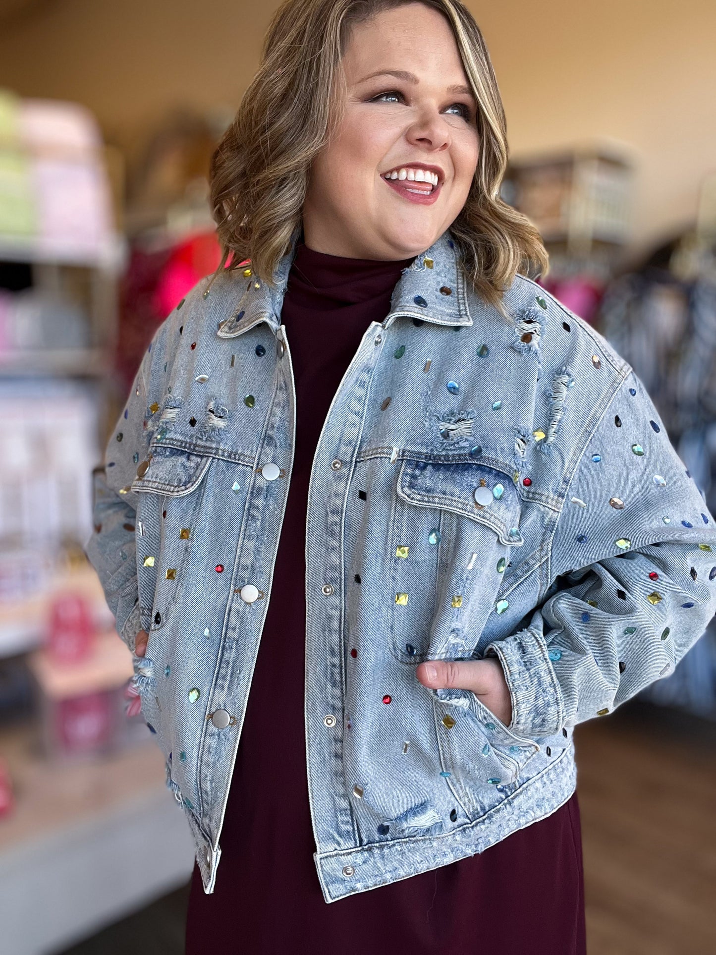 Be Mine, Galentine Plus-Size Jewel Embellished Denim Jacket
