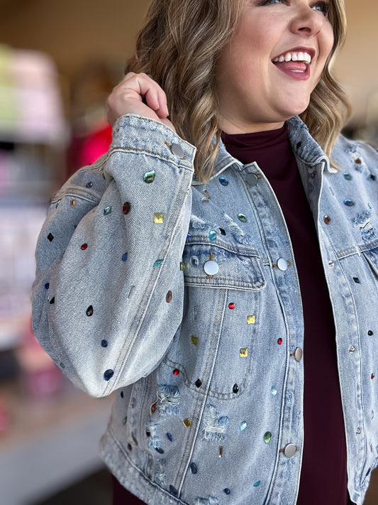 Be Mine, Galentine Plus-Size Jewel Embellished Denim Jacket