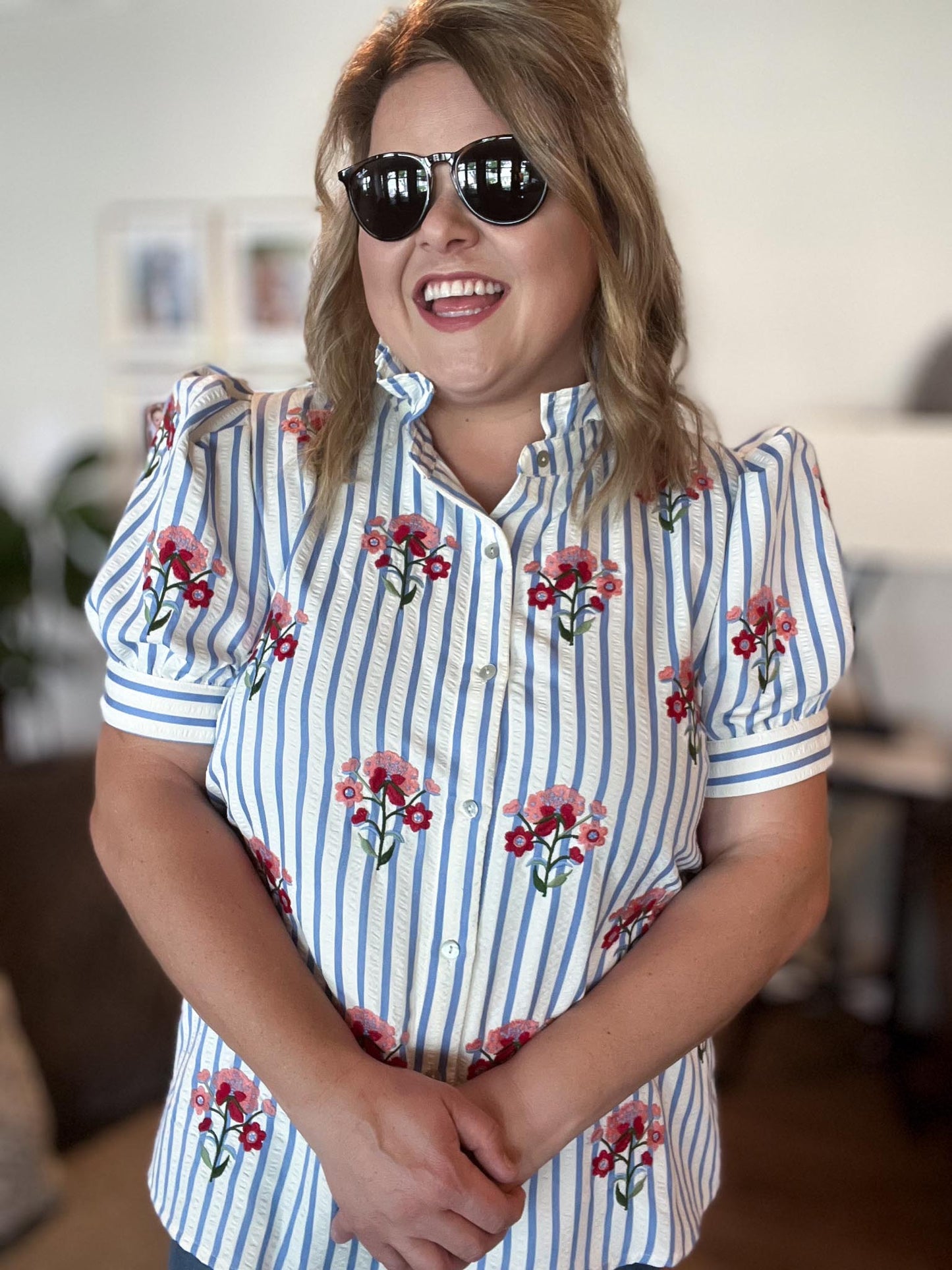 Bloom & Beam Curvy Blue Stripe Embroidered Top